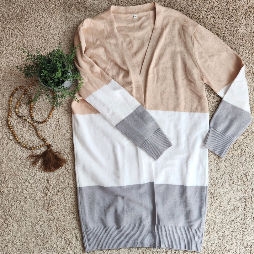 Long Sleeves Color Block Sweater Cardigan
